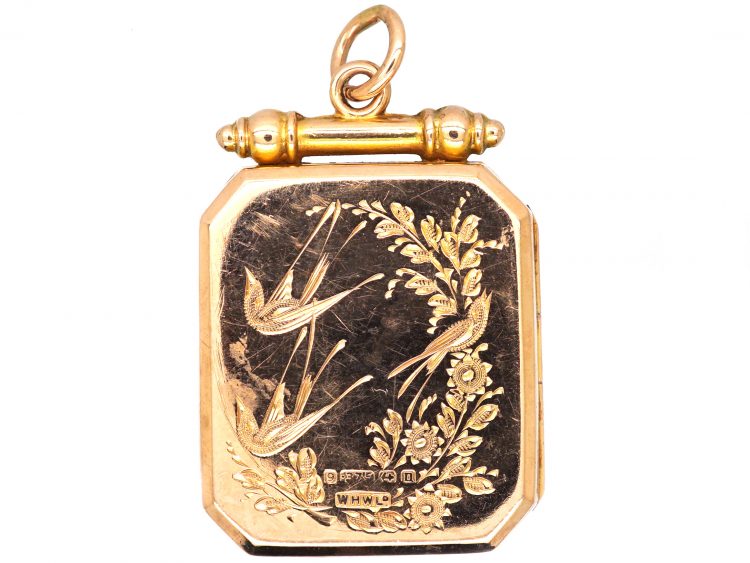 Edwardian 9ct Gold Locket with Garter & Swallow Engraved Motifs