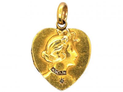 Art Nouveau 15ct Gold & Rose Diamond Heart Shaped Locket with Lady Motif