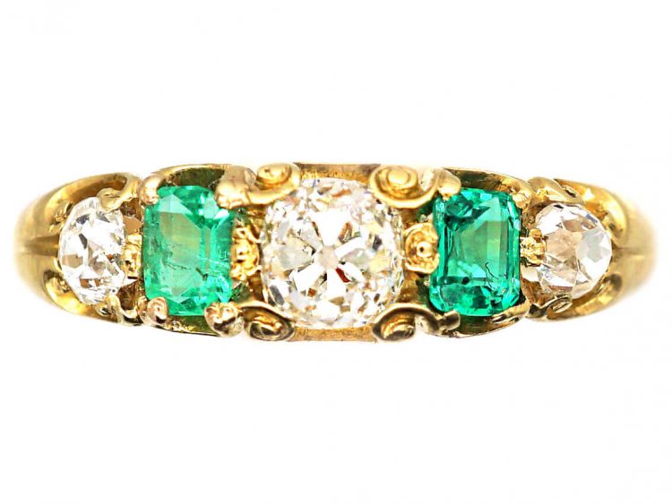 Early Victorian 18ct Gold, Emerald & Diamond Five Stone Ring