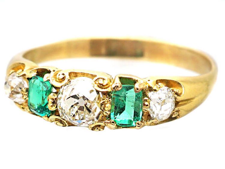 Early Victorian 18ct Gold, Emerald & Diamond Five Stone Ring