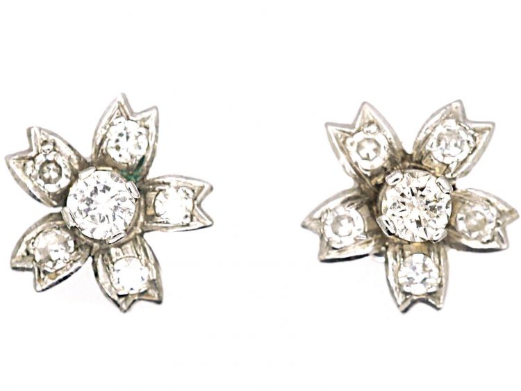 1950's 18ct White Gold Flower Earrings set with Diamonds