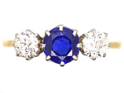 Edwardian 18ct Gold & Platinum Three Stone Sapphire & Diamond Ring