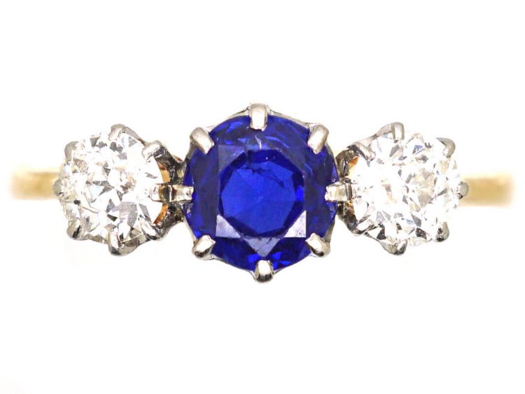 Edwardian 18ct Gold & Platinum Three Stone Sapphire & Diamond Ring