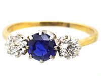 Edwardian 18ct Gold & Platinum Three Stone Sapphire & Diamond Ring