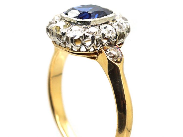 French Early 20th Century 18ct Gold & Platinum, Sapphire & Diamond Cluster Ring