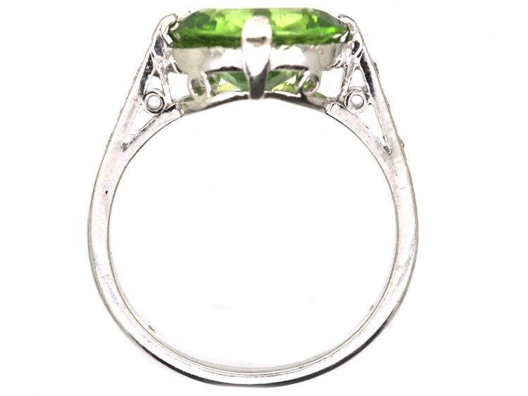 Edwardian Platinum Ring set with a Peridot with Diamond Set Shoulders