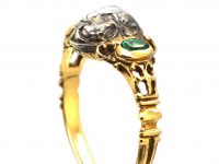 Georgian 15ct Gold & Silver Heart Shaped Ring set with a Rose Diamond & Two Emeralds