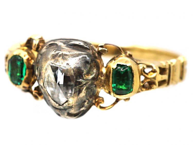 Georgian 15ct Gold & Silver Heart Shaped Ring set with a Rose Diamond & Two Emeralds