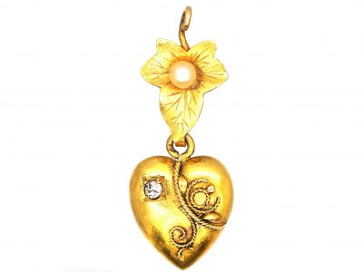 Victorian 15ct Gold Heart Shaped Pendant with Ivy Leaf & a Natural Pearl & Diamond