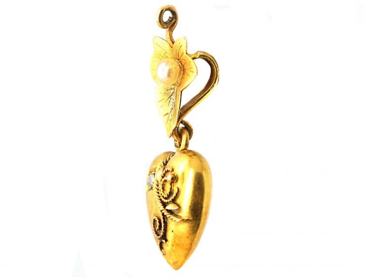 Victorian 15ct Gold Heart Shaped Pendant with Ivy Leaf & a Natural Pearl & Diamond