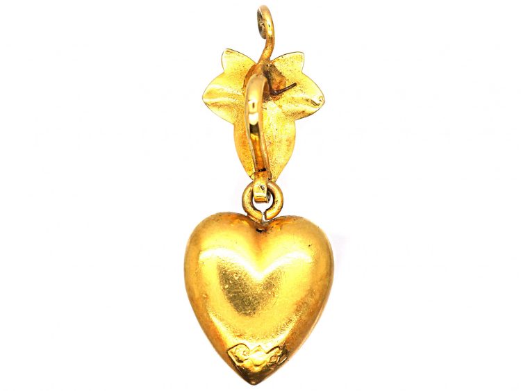 Victorian 15ct Gold Heart Shaped Pendant with Ivy Leaf & a Natural Pearl & Diamond