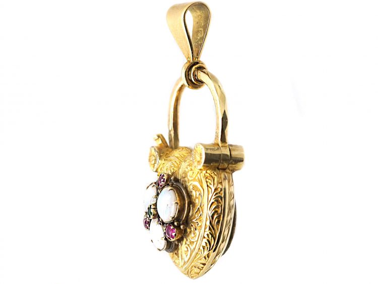 Regency 15ct Gold Heart Padlock Pendant set with Opals, Rubies & Chrysolite