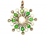 Edwardian 15ct Gold, Green Garnet, Rose Diamond & Natural Split Pearl Pendant