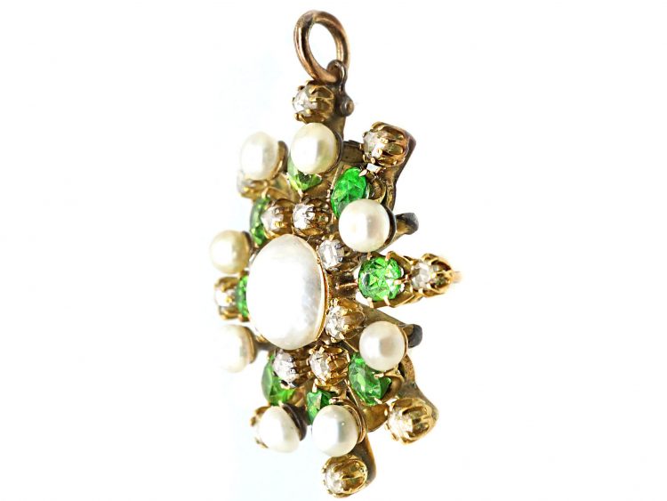 Edwardian 15ct Gold, Green Garnet, Rose Diamond & Natural Split Pearl Pendant