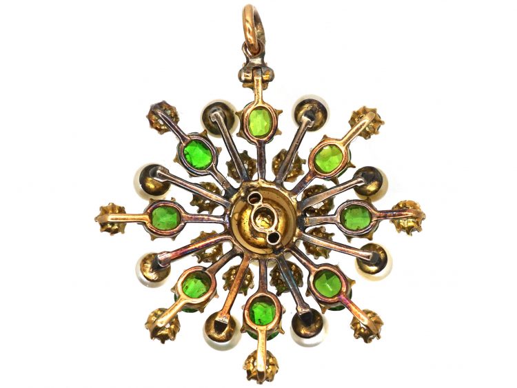 Edwardian 15ct Gold, Green Garnet, Rose Diamond & Natural Split Pearl Pendant