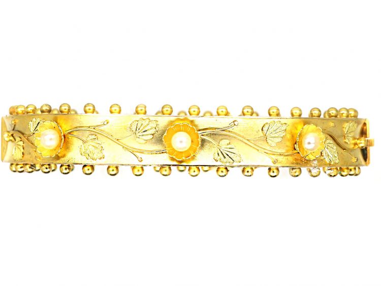 Victorian 15ct Two Colour Gold Bangle with Three Daisies set with Natural Pearls