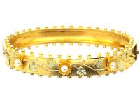 Victorian 15ct Two Colour Gold Bangle with Three Daisies set with Natural Pearls