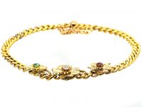 Early 20th Century 14ct Gold Bracelet with Three Four Leaf Clovers set with a Ruby, Emerald & a Diamond