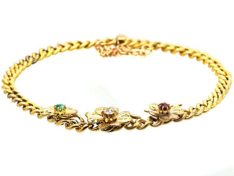 Early 20th Century 14ct Gold Bracelet with Three Four Leaf Clovers set with a Ruby, Emerald & a Diamond