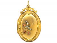 Edwardian 9ct Back & Front Locket with Swallow Motif set with Natural Split Pearls & Garnets