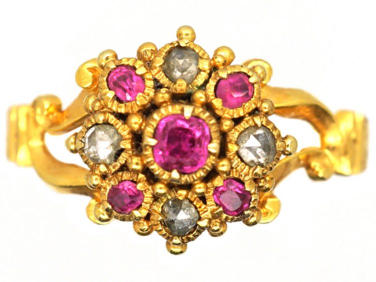 Georgian 18ct Gold, Ruby & Rose Diamond Cluster Ring