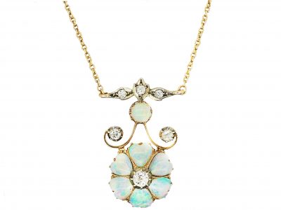 Edwardian 15ct Gold & Silver, Opal Hearts & Diamond Necklace