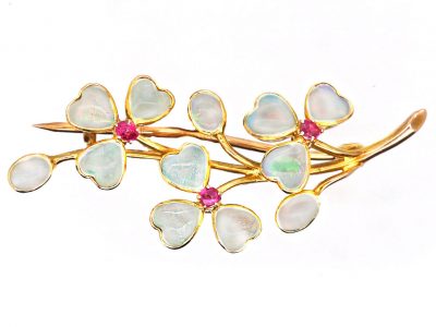 Edwardian 9ct Gold Three Leaf Clover Brooch set with Heart Shaped Opals & Rubies