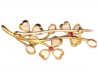 Edwardian 9ct Gold Three Leaf Clover Brooch set with Heart Shaped Opals & Rubies