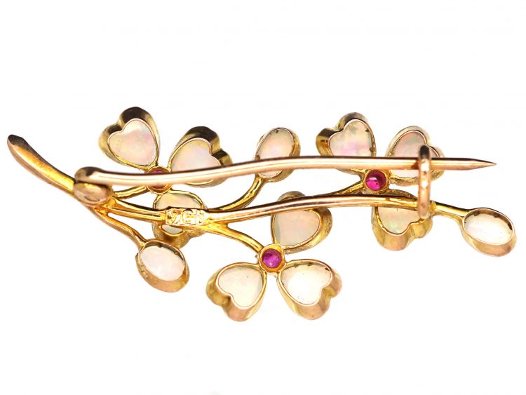 Edwardian 9ct Gold Three Leaf Clover Brooch set with Heart Shaped Opals & Rubies