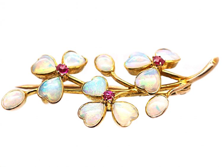 Edwardian 9ct Gold Three Leaf Clover Brooch set with Heart Shaped Opals & Rubies