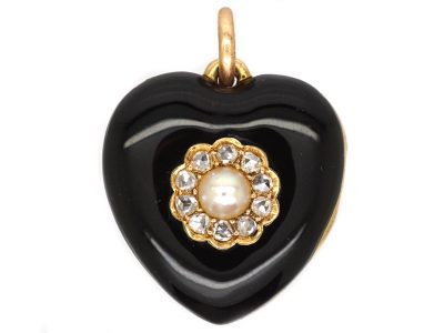 Victorian 18ct Gold & Black Enamel Heart Shaped Locket set with a Natural Pearl & Rose Diamonds