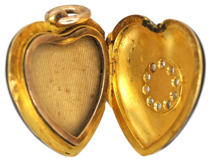 Victorian 18ct Gold & Black Enamel Heart Shaped Locket set with a Natural Pearl & Rose Diamonds