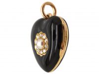 Victorian 18ct Gold & Black Enamel Heart Shaped Locket set with a Natural Pearl & Rose Diamonds