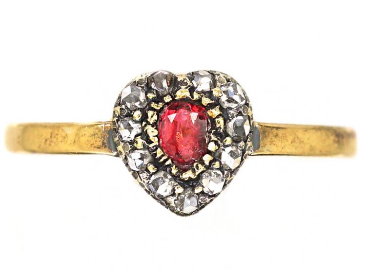 Edwardian 18ct Gold & Silver Heart Shaped Ring set with a Ruby & Rose Diamonds