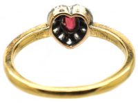 Edwardian 18ct Gold & Silver Heart Shaped Ring set with a Ruby & Rose Diamonds