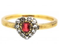 Edwardian 18ct Gold & Silver Heart Shaped Ring set with a Ruby & Rose Diamonds