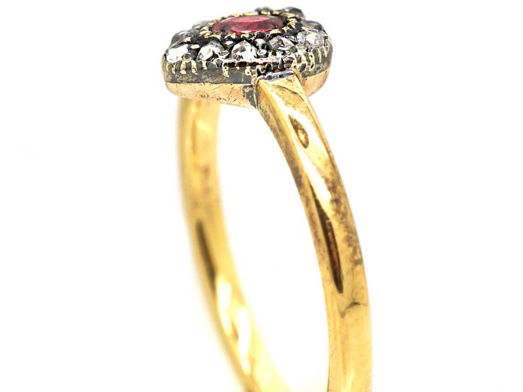 Edwardian 18ct Gold & Silver Heart Shaped Ring set with a Ruby & Rose Diamonds