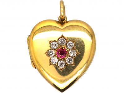 Edwardian 18ct Heart Shaped Locket set with a Ruby & Diamonds