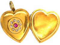 Edwardian 18ct Heart Shaped Locket set with a Ruby & Diamonds