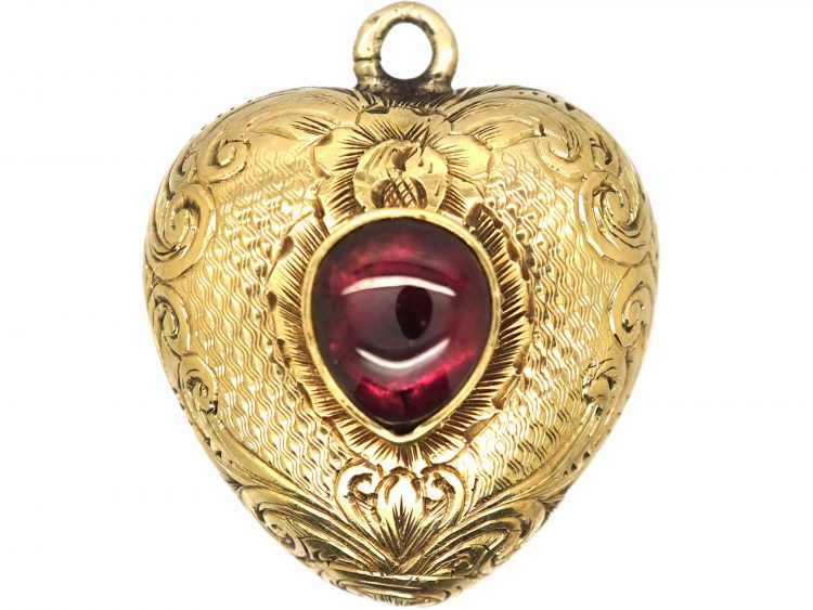 Regency 15ct Gold Heart Pendant set with a Cabochon Garnet