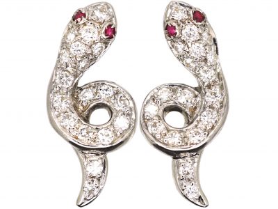 14ct White Gold Snake Earrings set with Diamonds & Rubies