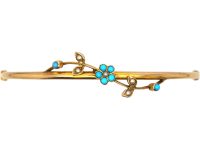 Edwardian 10ct Gold Bangle with Forget Me Not Flower set with Turquoise & Natural Split Pearls