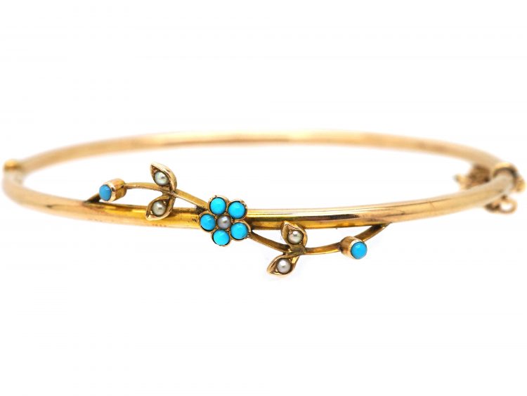 Edwardian 10ct Gold Bangle with Forget Me Not Flower set with Turquoise & Natural Split Pearls