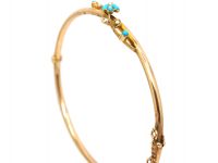 Edwardian 10ct Gold Bangle with Forget Me Not Flower set with Turquoise & Natural Split Pearls