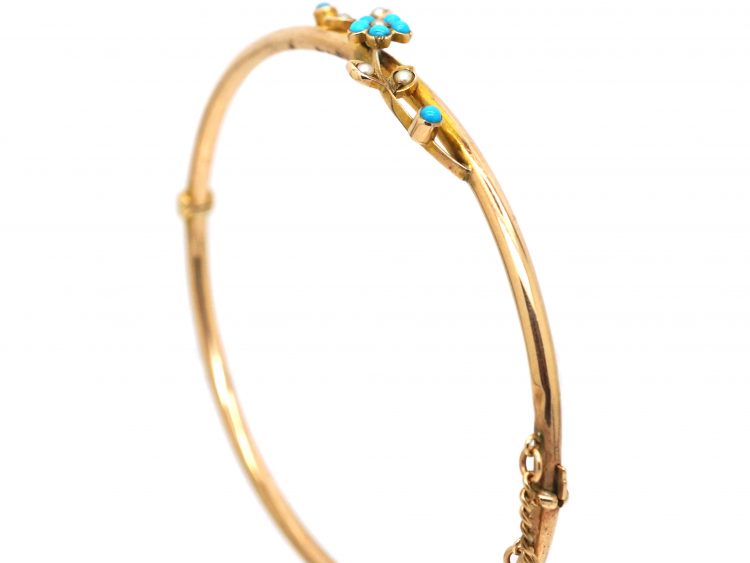 Edwardian 10ct Gold Bangle with Forget Me Not Flower set with Turquoise & Natural Split Pearls