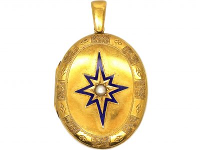 Victorian 18ct Gold, Blue Enamel & Natural Pearl Star Locket in Original Case