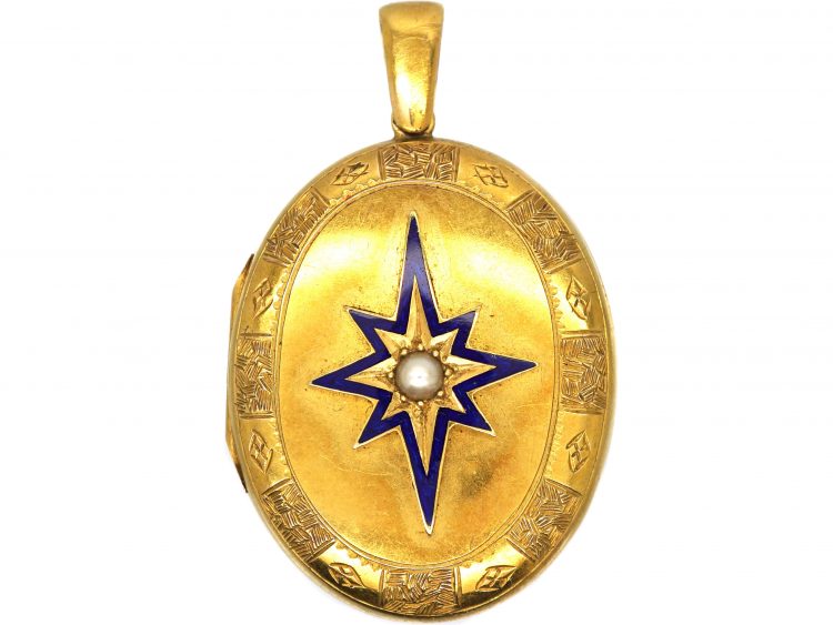 Victorian 18ct Gold, Blue Enamel & Natural Pearl Star Locket in Original Case