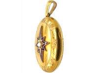 Victorian 18ct Gold, Blue Enamel & Natural Pearl Star Locket in Original Case