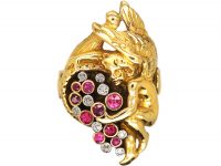 French Art Nouveau 18ct Gold Cherub Ring set with Diamonds & Rubies