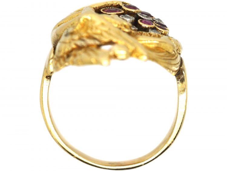 French Art Nouveau 18ct Gold Cherub Ring set with Diamonds & Rubies